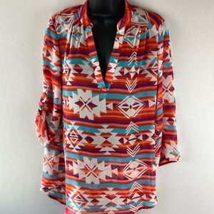 Rue 21 medium sheer tunic top, orange, turquoise, and purple Aztec design